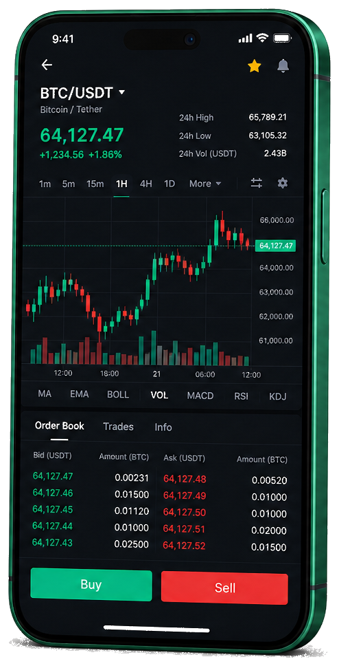 Application mobile VunéraXal — graphique BTC/USDT en direct, carnet d’ordres et outils de trading
